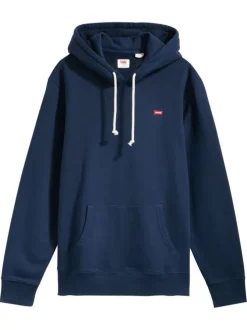 Sweat en coton marine uni à coupe droite avec col à capuche et logo rouge