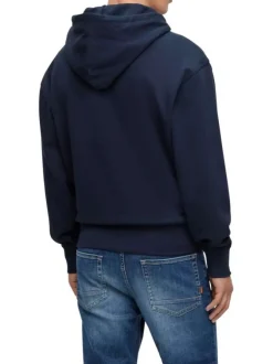 Sweat en coton marine uni coupe droite avec un col à capuche et poche kangourou
