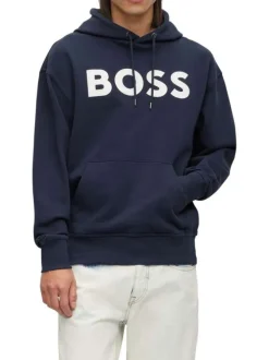 Sweat en coton marine uni coupe droite avec un col à capuche et poche kangourou