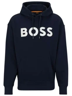 Sweat en coton marine uni coupe droite avec un col à capuche et poche kangourou