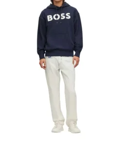 Sweat en coton marine uni coupe droite avec un col à capuche et poche kangourou
