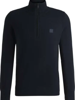 Sweat en coton marine uni pourvu d'un col camionneur à glissière