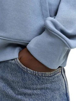 Sweat en coton mélangé bleu à coupe droite pourvu d'un col à capuche