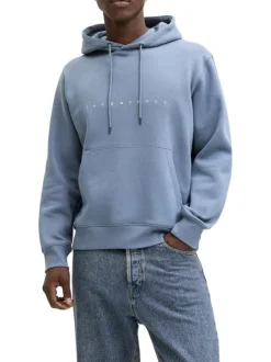 Sweat en coton mélangé bleu à coupe droite pourvu d'un col à capuche