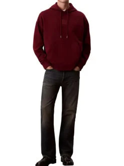 Sweat en coton mélangé bordeaux uni coupe ajustée col à capuche