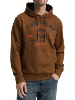 Sweat en coton mélangé camel imprimé fantaisiste avec un col à capuche