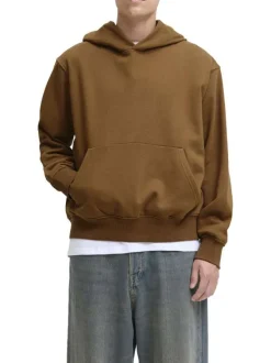 Sweat en coton mélangé camel uni avec une coupe droite et un col à capuche