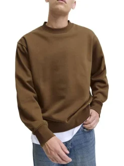 Sweat en coton mélangé camel uni à coupe droite avec un col rond