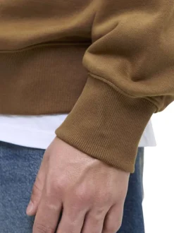 Sweat en coton mélangé camel uni à coupe droite avec un col rond