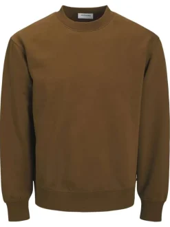 Sweat en coton mélangé camel uni à coupe droite avec un col rond