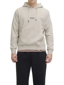 Sweat en coton mélangé écru uni avec une coupe droite et un col à capuche