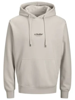 Sweat en coton mélangé écru uni avec une coupe droite et un col à capuche