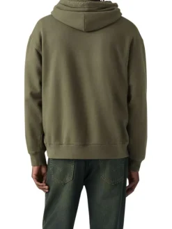 Sweat en coton mélangé kaki uni avec une coupe droite et une capuche