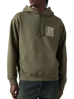 Sweat en coton mélangé kaki uni avec une coupe droite et une capuche