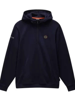 Sweat en coton mélangé marine avec logo cousu et col à capuche demi-zip