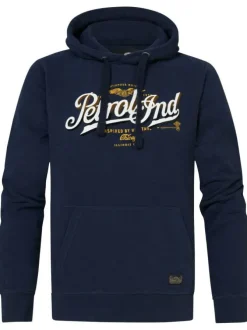 Sweat en coton mélangé marine uni avec une coupe droite et un col à capuche