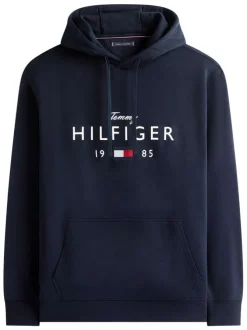 Sweat en coton mélangé marine uni avec une coupe droite et un col à capuche