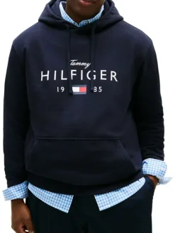 Sweat en coton mélangé marine uni avec une coupe droite et un col à capuche