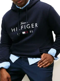 Sweat en coton mélangé marine uni avec une coupe droite et un col à capuche