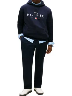 Sweat en coton mélangé marine uni avec une coupe droite et un col à capuche
