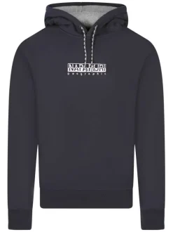 Sweat en coton mélangé marine uni avec une coupe droite et un col à capuche