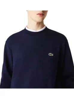Sweat en coton mélangé marine uni coupe droite avec un col rond en bord côte