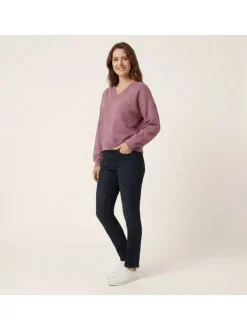 Sweat en coton mélangé mauve uni avec une coupe droite et un col v