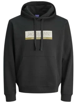 Sweat en coton mélangé noir avec logo beige imprimé et un col à capuche