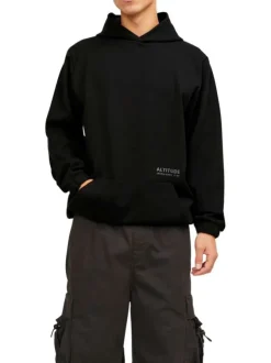 Sweat en coton mélangé noir uni coupe droite avec un col à capuche