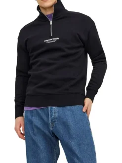 Sweat en coton mélangé noir uni coupe droite avec un col montant