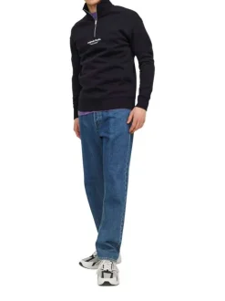 Sweat en coton mélangé noir uni coupe droite avec un col montant
