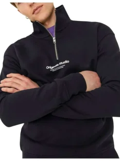 Sweat en coton mélangé noir uni coupe droite avec un col montant