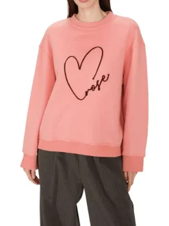 Sweat en coton mélangé rose imprimé avec une coupe ample et un col rond