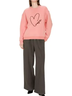 Sweat en coton mélangé rose imprimé avec une coupe ample et un col rond