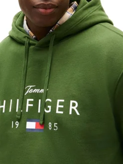 Sweat en coton mélangé vert uni avec une coupe droite et un col à capuche
