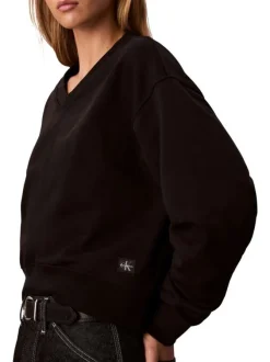 Sweat en coton noir uni avec logo à coupe droite et à col V