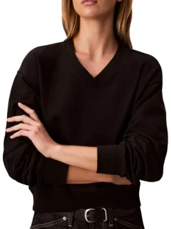 Sweat en coton noir uni avec logo à coupe droite et à col V