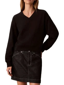 Sweat en coton noir uni avec logo à coupe droite et à col V