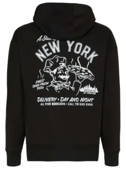 Sweat en coton noir uni coupe droite avec un col à capuche et imprimé pizzaiolo