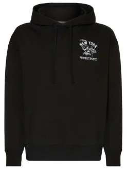 Sweat en coton noir uni coupe droite avec un col à capuche et imprimé pizzaiolo