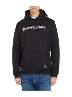 Sweat en coton noir uni coupe droite avec un col à capuche et étiquette