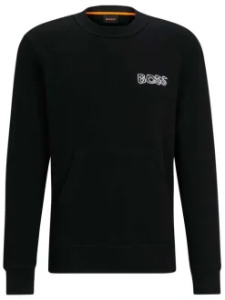 Sweat en coton noir uni coupe droite avec un col rond et flocage poitrine