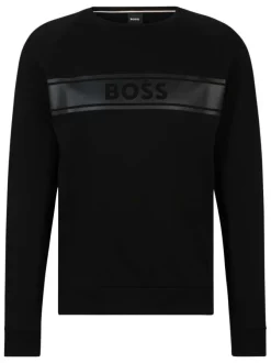 Sweat en coton noir uni coupe droite avec un col rond et liseré blanc