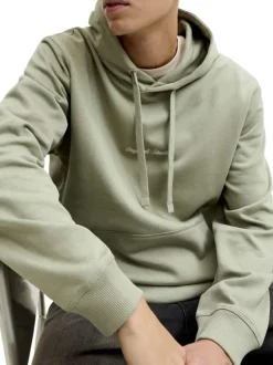 Sweat en coton olive à coupe droite pourvu d'un col à capuche