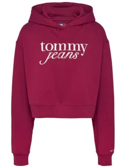 Sweat en coton régénératif framboise à imprimé, coupe droite et col à capuche