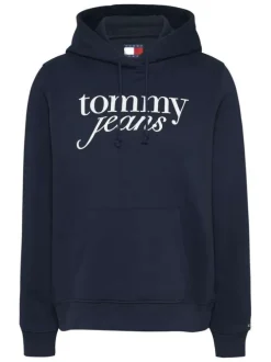 Sweat en coton régénératif mélangé marine à imprimé, droit et col à capuche