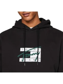 Sweat en coton régénératif noir imprimé avec une coupe droite et à capuche