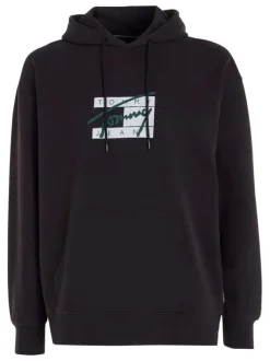 Sweat en coton régénératif noir imprimé avec une coupe droite et à capuche