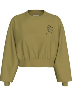 Sweat en coton vert uni à coupe droite, col rond et manches longues larges