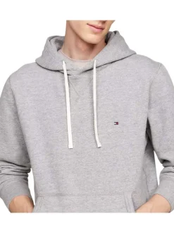 Sweat gris chiné à coupe droite, col à capuche avec lien de serrage blanc